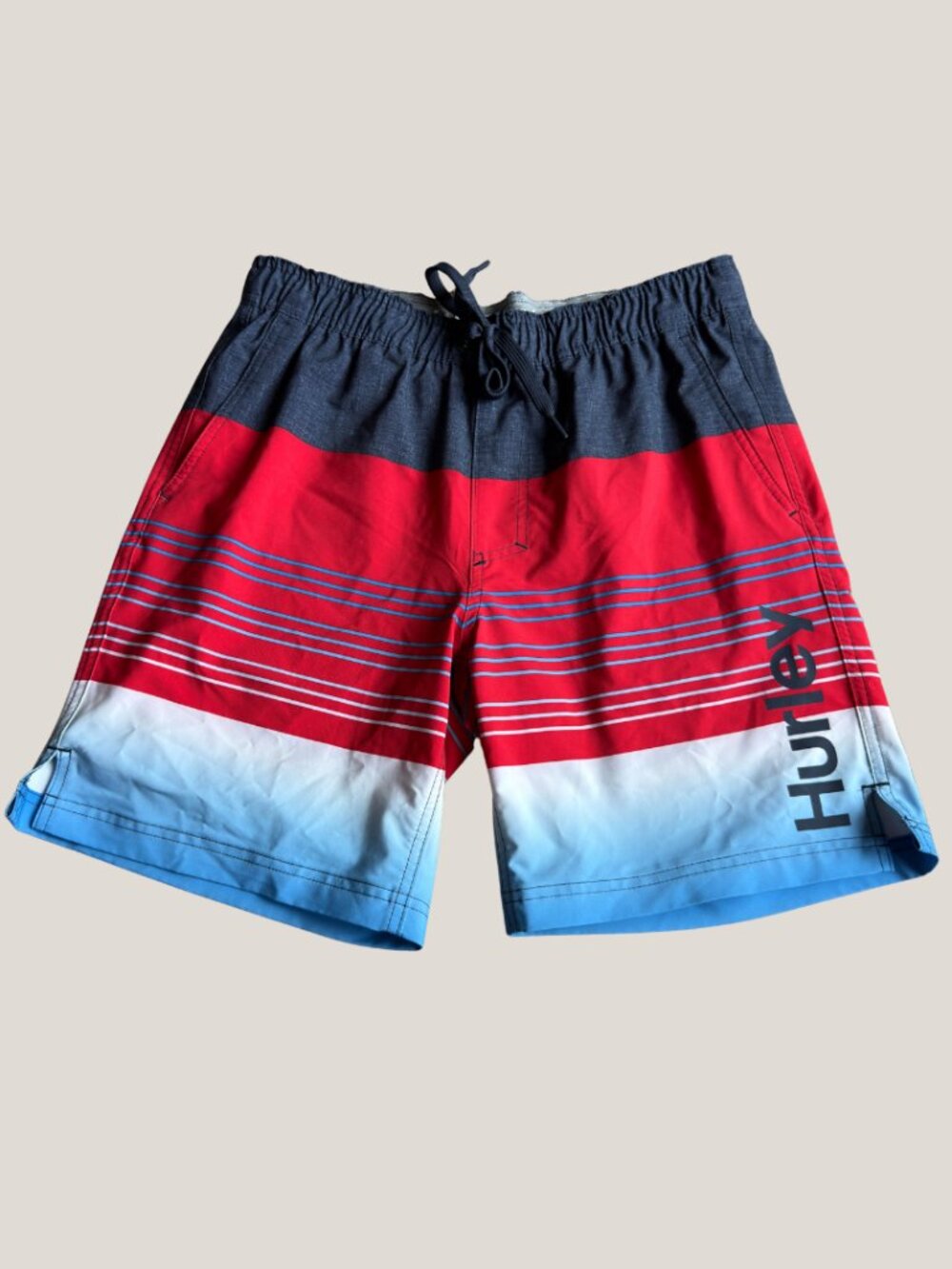 Hurley Mens Board Shorts RedBlue Ombre Striped Swim Trunks Elastic Waist, Medium